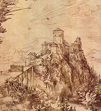 Ansicht der Burg im Jahr 1542 von Osten. Lavierte Federzeichnung Wolf Huber