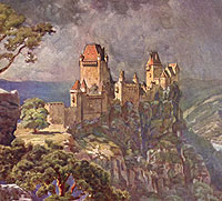 Rekonstruktionszeichnung der Burg um 1436 nach den Vorgaben durch Eduard Reithmeyer. Ansicht von Nordosten; aus Aquarell von Anton Hlavacek 1911