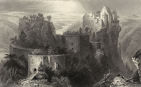 Nordostansicht der Burgruine ca. 1845; Stahlstich von W. H. Bartlett